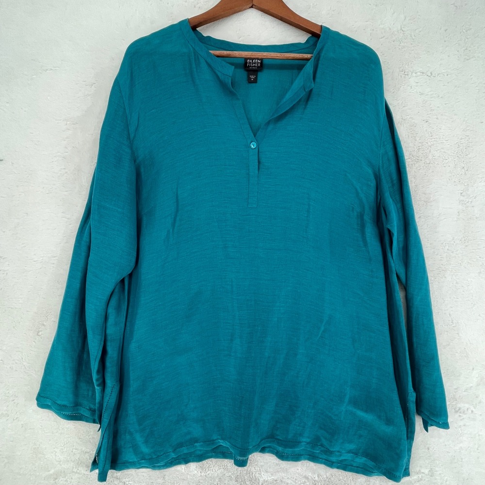 Eileen Fisher Teal Blue Long Sleeve Tunic Jewel Tone Top Hemstitch 1X Lagenlook